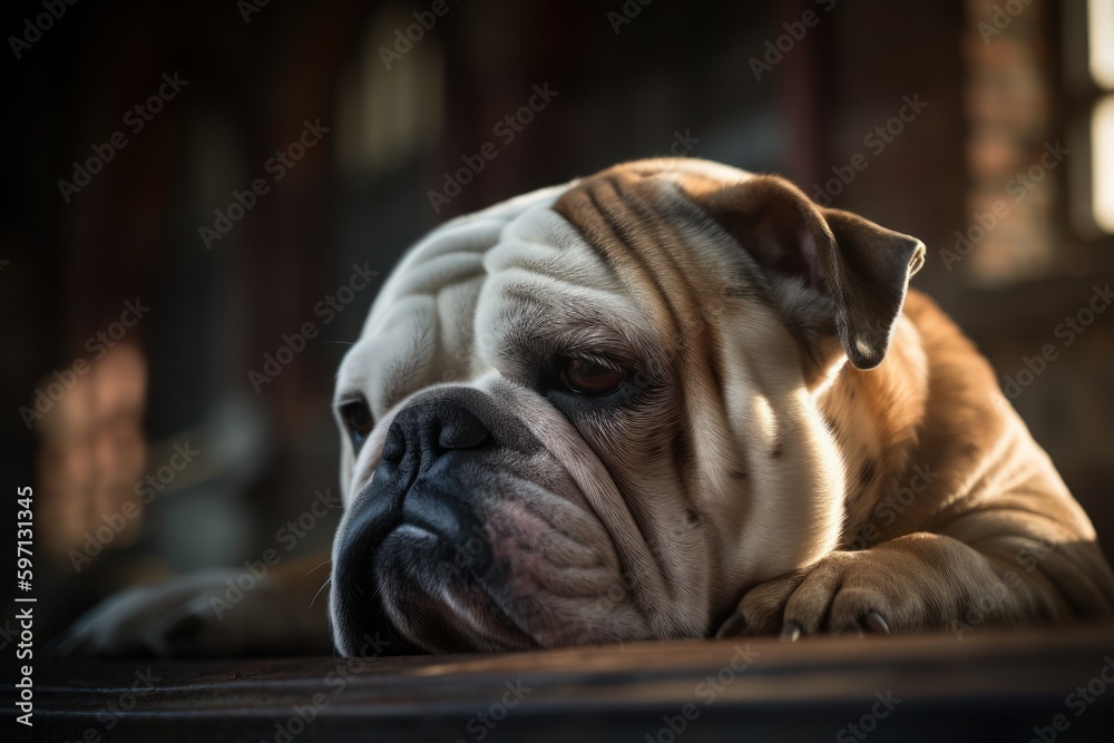 Medium shot portrait photography of a curious bulldog sleeping against old mills and factories background. With generative AI technology