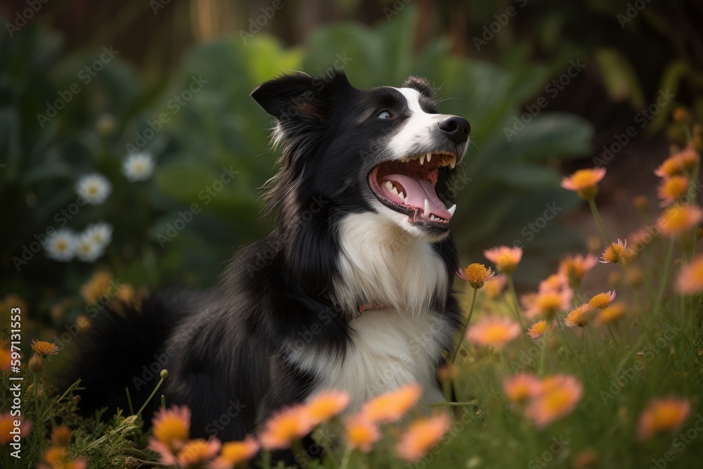 Medium shot portrait photography of a happy border collie yawning against butterfly gardens background. With generative AI technology Medium shot portrait photography of a happy border collie yawning against butterfly gardens background. With generative AI technology