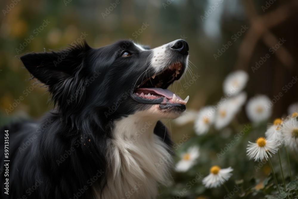 Medium shot portrait photography of a happy border collie yawning against butterfly gardens background. With generative AI technology Medium shot portrait photography of a happy border collie yawning against butterfly gardens background. With generative AI technology