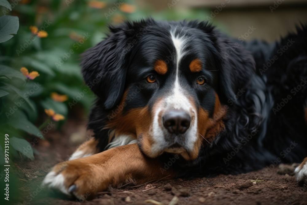 Medium shot portrait photography of a scared bernese mountain dog lying down against butterfly gardens background. With generative AI technology