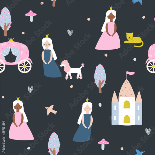 Cute seamless pattern with princesses, pets and castle. Girlish print. Vector hand drawn illustration.
