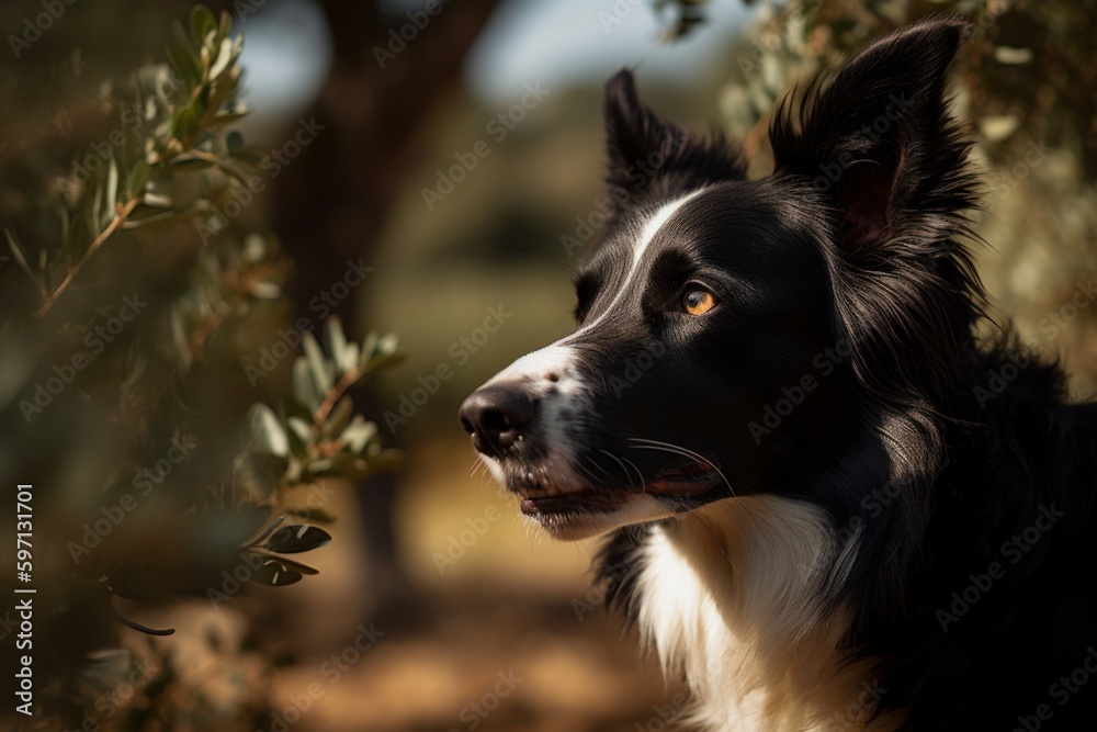Lifestyle portrait photography of a curious border collie chewing things against olive groves background. With generative AI technology