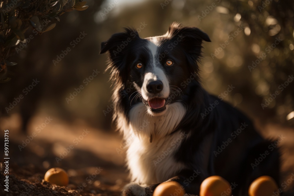Lifestyle portrait photography of a curious border collie chewing things against olive groves background. With generative AI technology Lifestyle portrait photography of a curious border collie chewing things against olive groves background. With generative AI technology
