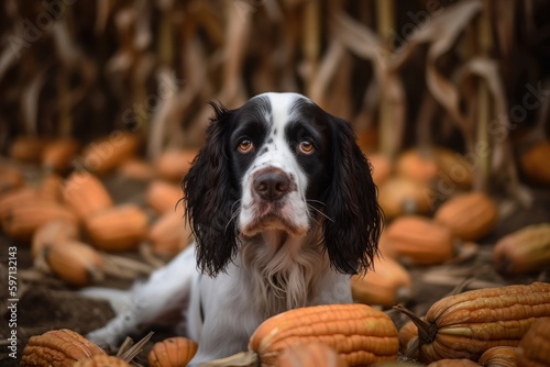 Environmental portrait photography of a tired english springer spaniel playing with toys against corn mazes background. With generative AI technology photo