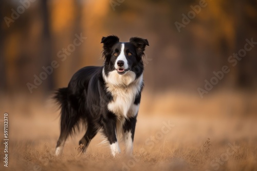 Medium shot portrait photography of a curious border collie catching a frisbee against bison ranges background. With generative AI technology