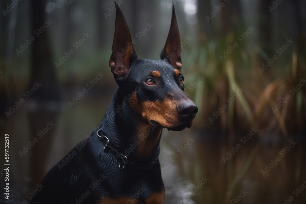 Medium shot portrait photography of a curious doberman pinscher playing in the rain against swamps and bayous background. With generative AI technology Medium shot portrait photography of a curious doberman pinscher playing in the rain against swamps and bayous background. With generative AI technology