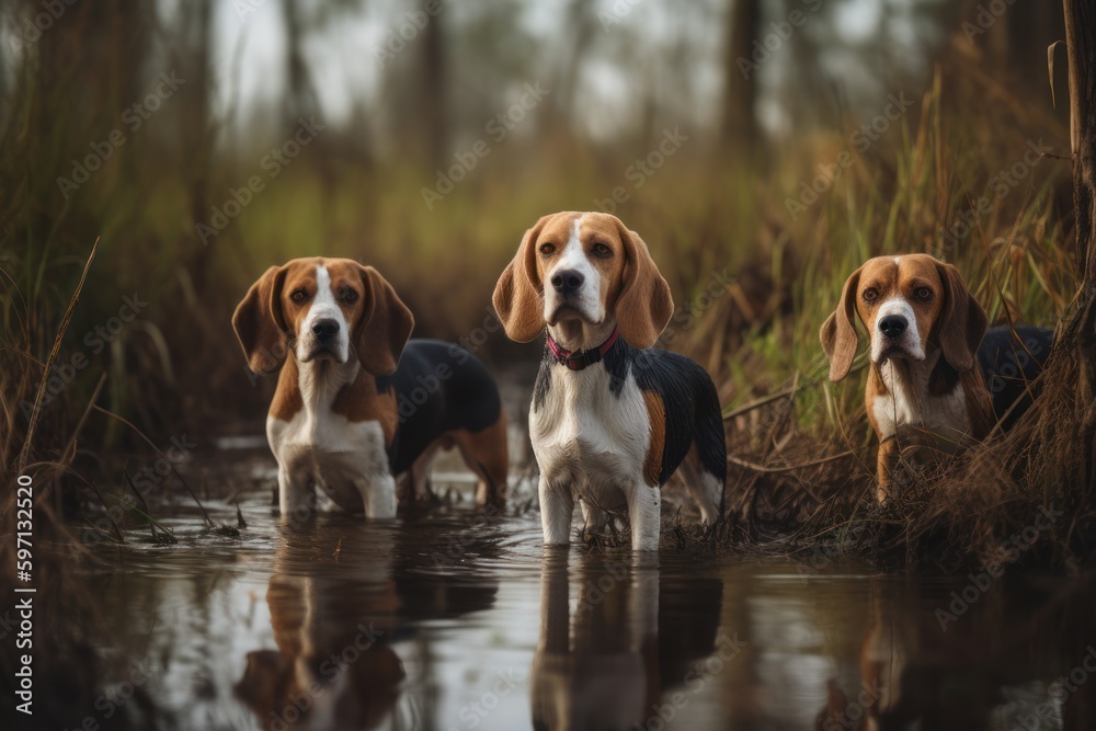Group portrait photography of a curious beagle biting his tail against swamps and bayous background. With generative AI technology Group portrait photography of a curious beagle biting his tail against swamps and bayous background. With generative AI technology