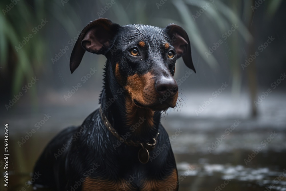 Medium shot portrait photography of a curious doberman pinscher playing in the rain against swamps and bayous background. With generative AI technology Medium shot portrait photography of a curious doberman pinscher playing in the rain against swamps and bayous background. With generative AI technology