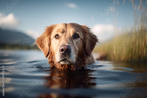 Medium shot portrait photography of a scared golden retriever swimming in a lake against tundra landscapes background. With generative AI technology