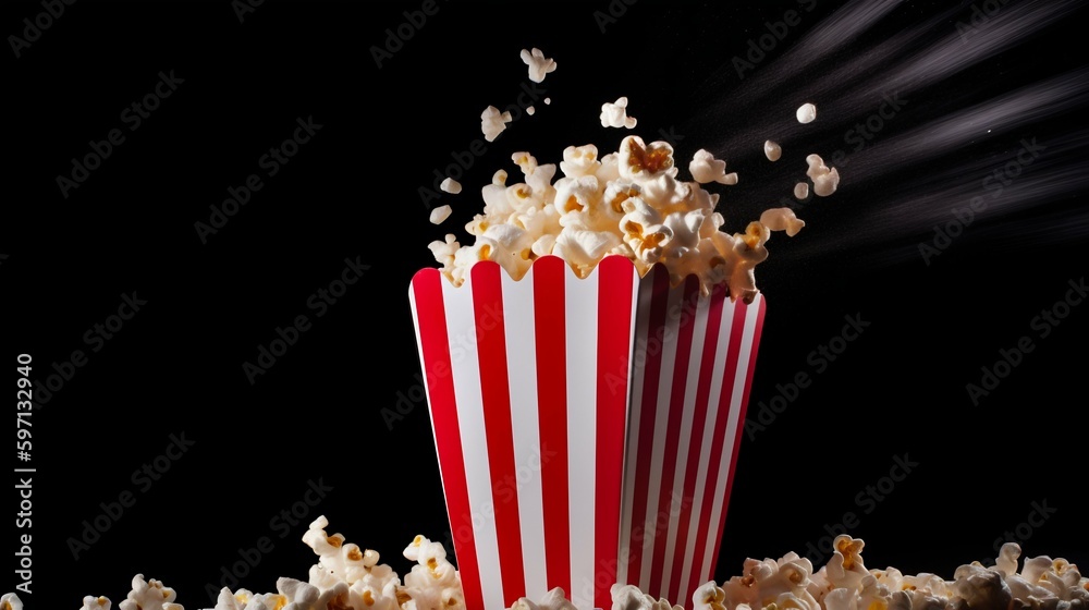Popcorn in a box on a movie theater black background. Generative AI