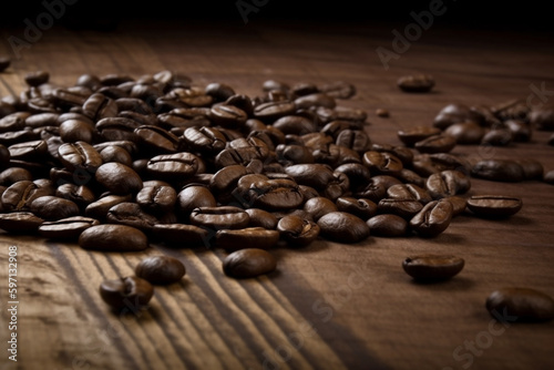 Roasted coffee beans on a wooden table  AI generative