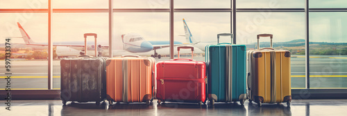 Colorful Suitcases at Airport Window, Airplane Jet at background - Travel Concept and Departure at Airport with Luggage