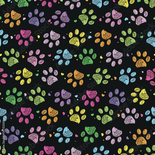 Colorful beautiful colors seamless fabric design paw prints
