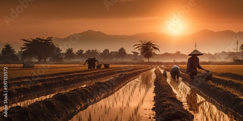Fototapete asian rice farmers, sunset landscape, generative ai