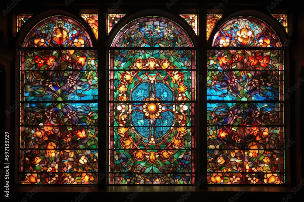 Gros plan sur des vitraux colorés dans une église » IA générative