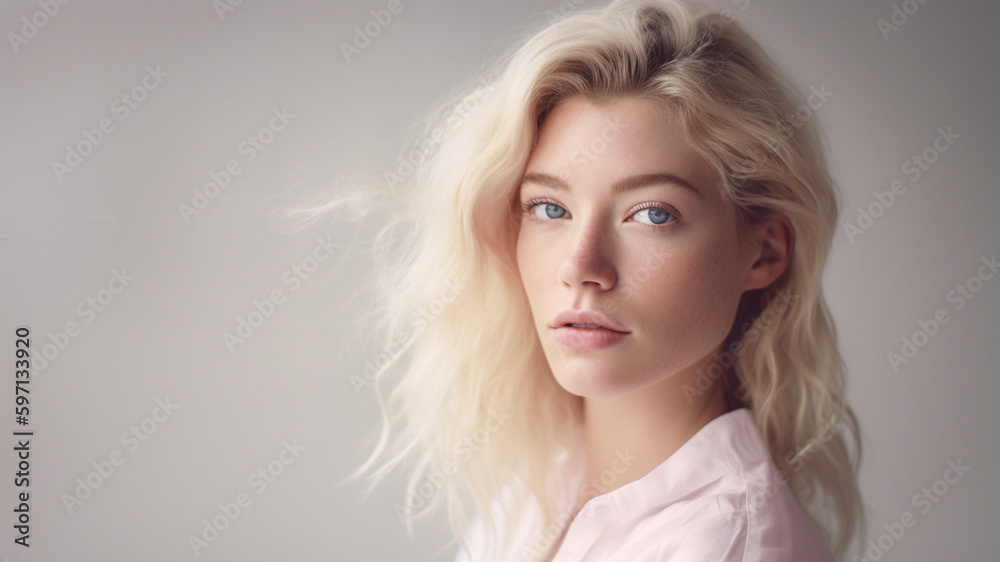 Serious blonde young female, isolated over pink background. Good looking young woman has healthy pure skin models in studio. Skincare concept. AI generative Serious blonde young female, isolated over pink background. Good looking young woman has healthy pure skin models in studio. Skincare concept. AI generative