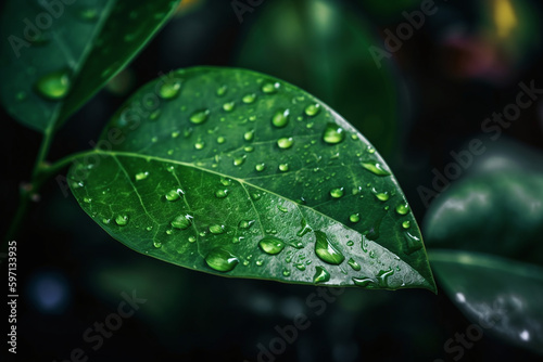 Gros plan sur une feuille verte avec des gouttelettes d'eau sur des branches » IA générative