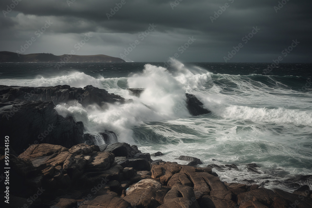 Vue des rochers en bord de mer un jour de mauvais temps » IA générative