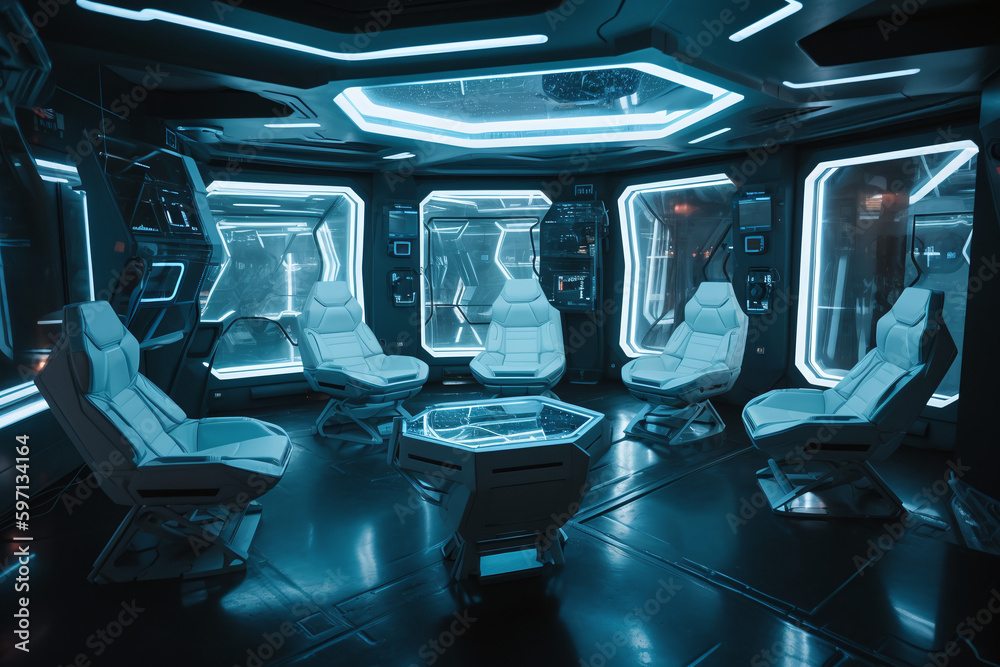Des sièges dans un vaisseau avec un éclairage bleuté » IA générative
