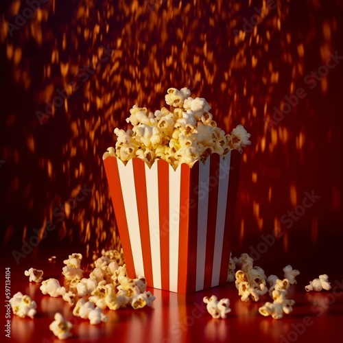 Popcorn in a box on a movie theater red background. Generative AI