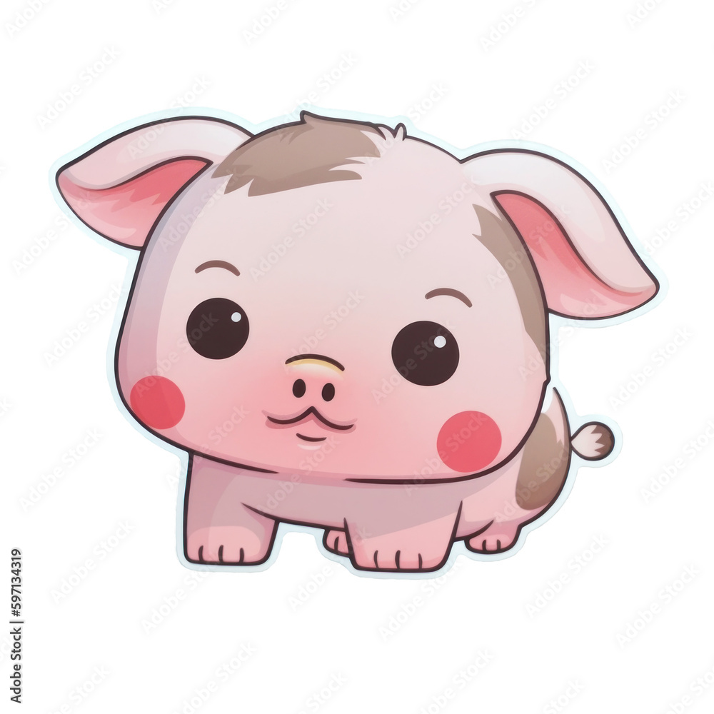 Cute kawaii little pig sticker on transparent background. Generative AI.