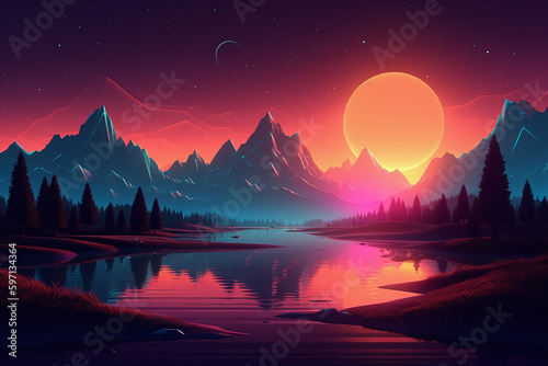 Illustration d'un paysage montagneux coloré au coucher du soleil » IA générative