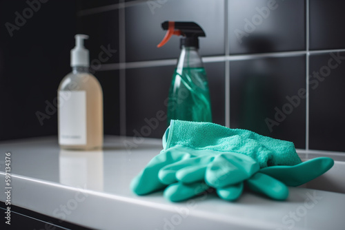 Gants de nettoyage verts sur le comptoir d'une cuisine » IA générative photo