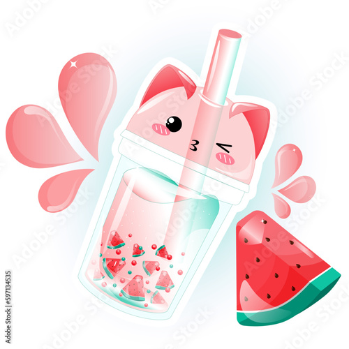 Cute kawaii cat, watermelon cocktail 