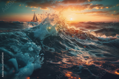 Voilier navigant dans une mer agitée au lever du soleil » IA générative