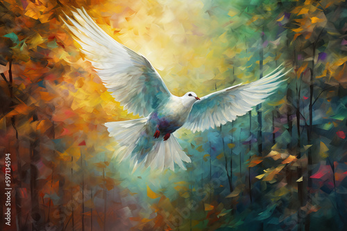 Illustration d'une colombe blance dans une ambiance automnale » IA générative photo