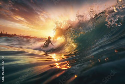 Un surfeur dans une vague dans l'océan au lever du soleil » IA générative © Maelgoa