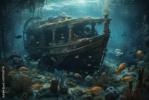 Epave d'un bateau au fond de l'océan » IA générative © Maelgoa