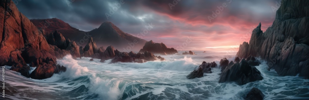 Panoramic photo of a rugged coastline at twilight. Panoramic photo of a rugged coastline at twilight.