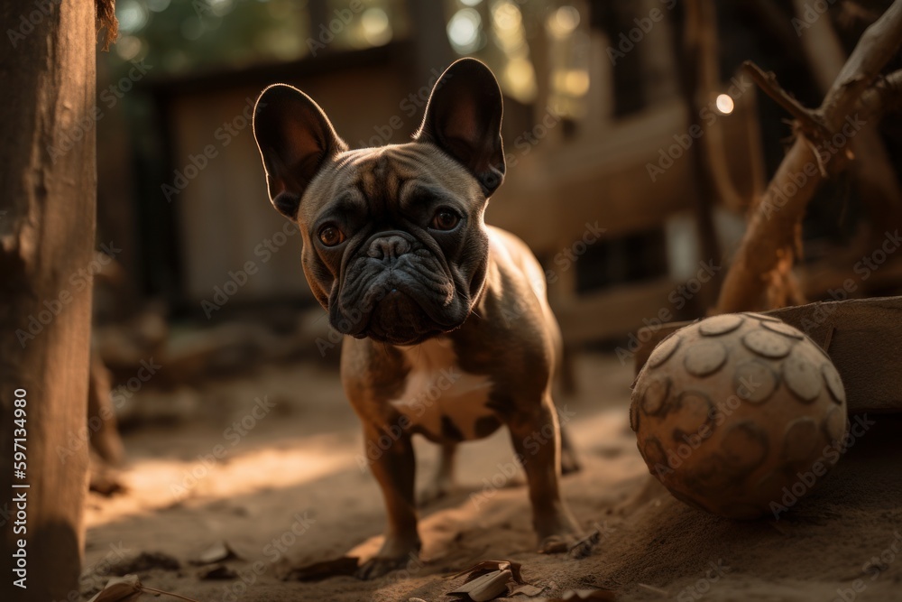 Environmental portrait photography of a curious french bulldog playing with a ball against treehouses background. With generative AI technology