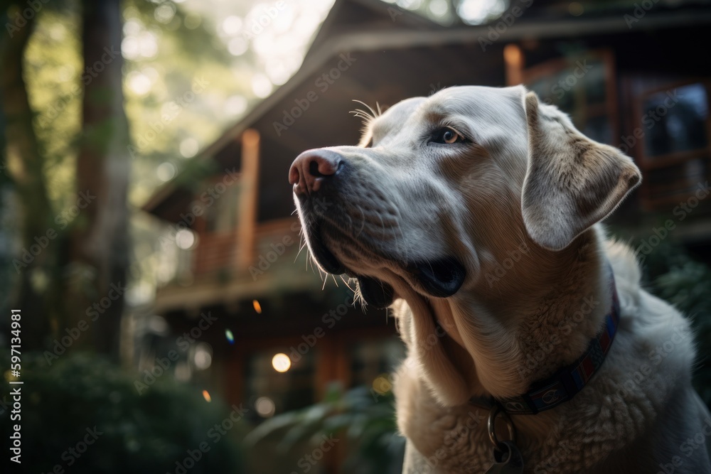 Lifestyle portrait photography of a happy labrador retriever sniffing against treehouses background. With generative AI technology