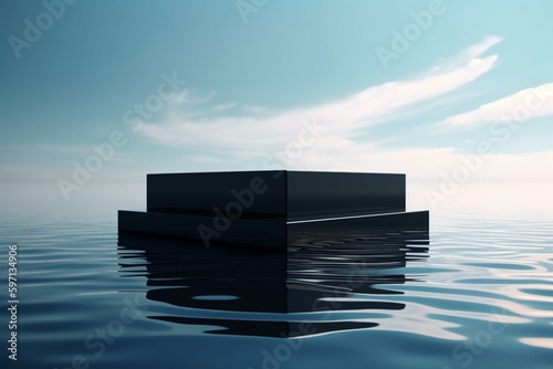 Minimal black podium on water with blue sky, 3D render for modern stage display and abstract showcase background. Generative AI