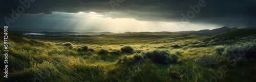 Panoramic, a vast, windswept grassland under a stormy sky, vast moorland is bathed in a sunbeam breaking through dark storm clouds, casting a gentle glow over the undulating green grasses.