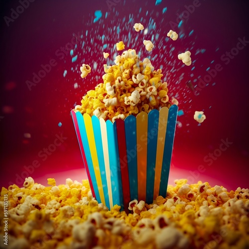 A burst of colorful, sweet popcorn on bright background. Generative AI