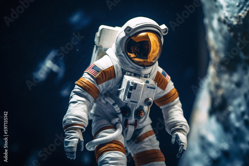 Gros plan sur un cosmonaute en apesanteur dans l'espace » IA générative © Maelgoa