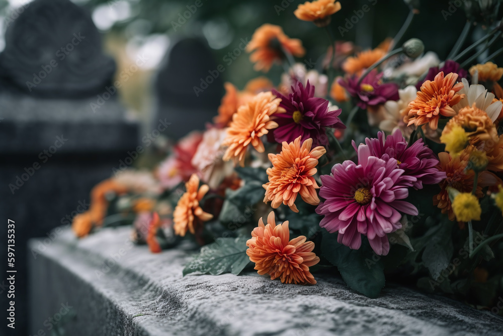 Gros plan sur un bouquet de fleurs sur une ancienne pierre tombale » IA générative - obrazy, fototapety, plakaty 