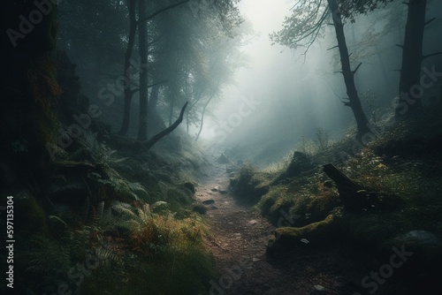 Dramatic misty forest landscape. Generative AI