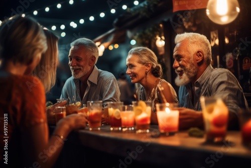 Group of people in a bar. Middle age men and women having fun  cocktail glasses on counter. Generative AI