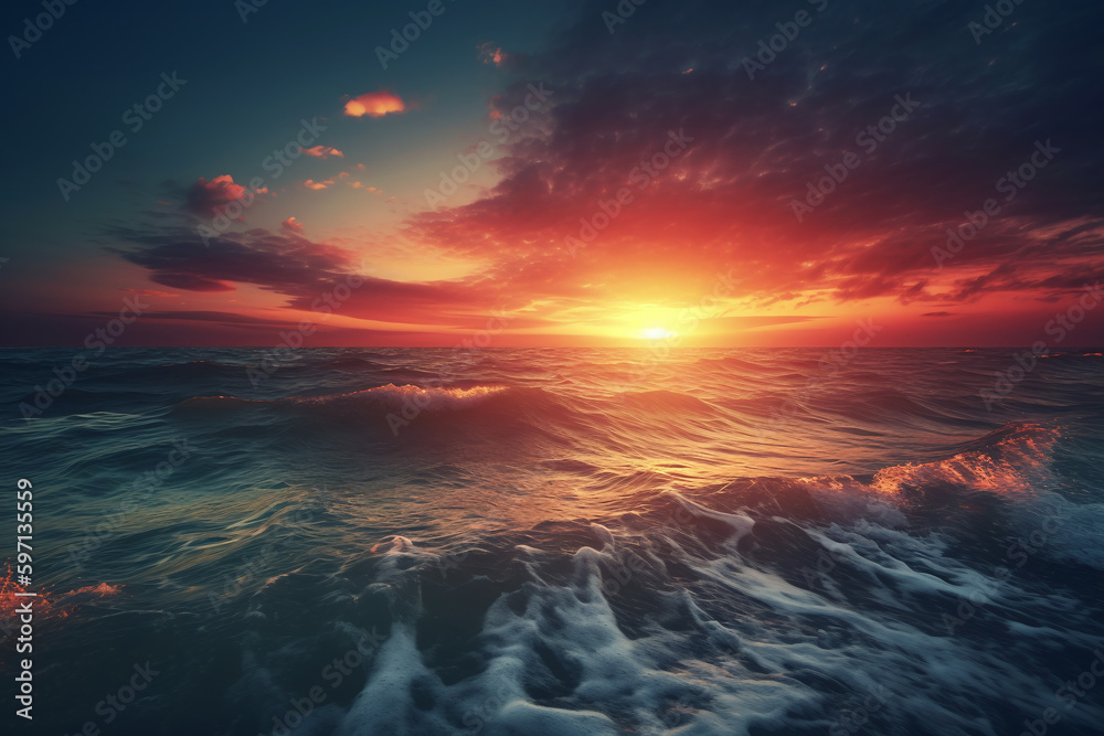 Vue sur les vagues de l'océan au coucher du soleil » IA générative
