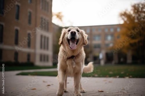 Medium shot portrait photography of a happy golden retriever standing on hind legs against college and university campuses background. With generative AI technology