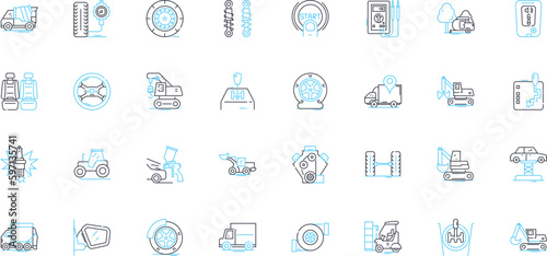 Car showroom linear icons set. Exotic, Sophisticated, Sporty, Classic, Luxury, Refinement, Performance line vector and concept signs. Elegant,Stylish,Sleek outline illustrations