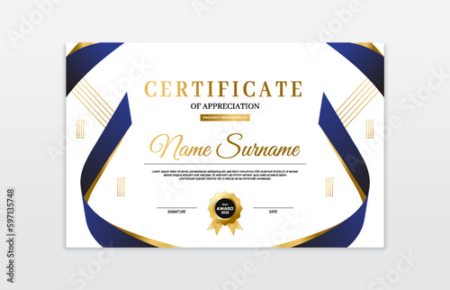 Blue and gold certificate border template. For appreciation, business and education needs