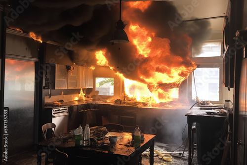 Vue sur une cuisine en feu  dans un logement » IA générative photo