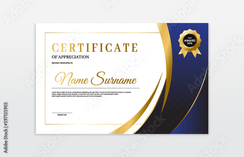 Blue and gold certificate border template. For appreciation, business and education needs
