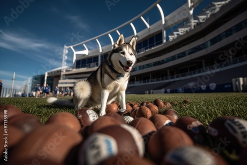 Medium shot portrait photography of a curious siberian husky playing with toys against sports stadiums background. With generative AI technology photo