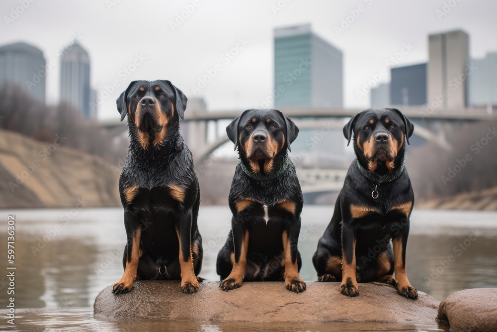 Obraz premium Group portrait photography of a happy rottweiler being in front of a city skyline against waterfalls background. With generative AI technology